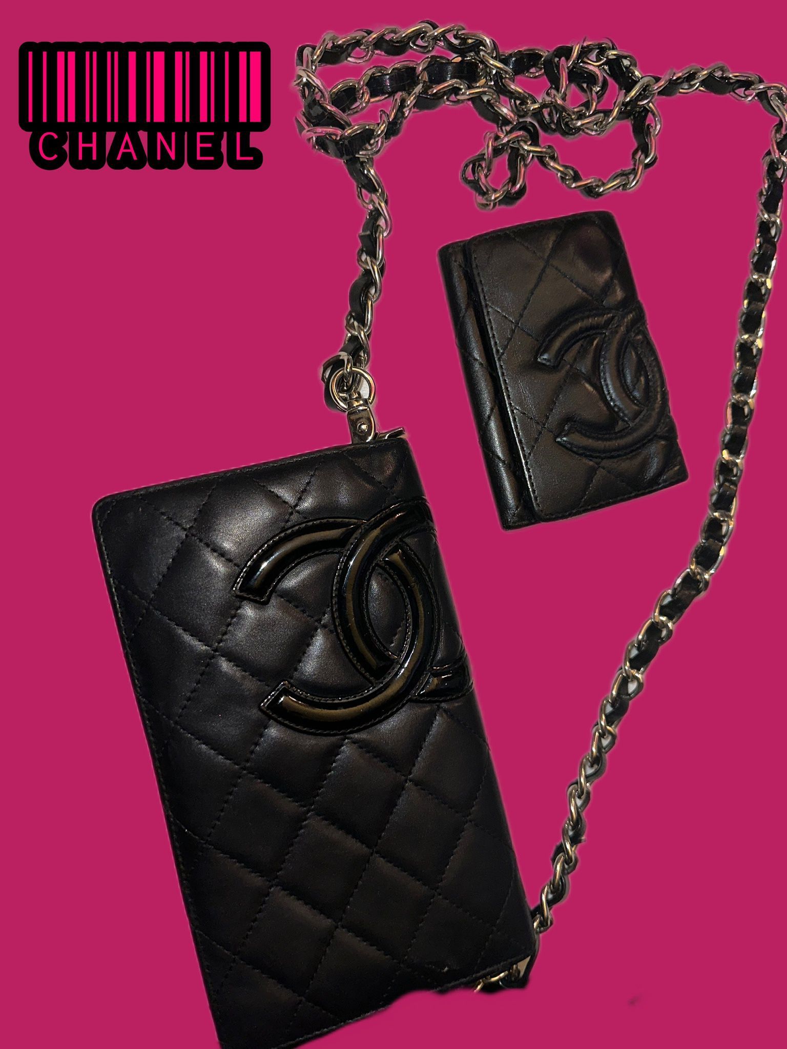 Black calfskin leather Cambone Long Wallet/clutch With matching key holder & Unbranded Chain