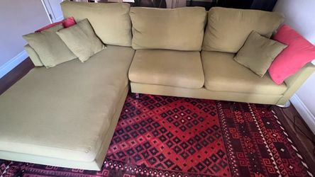 Custom Moss Green Chaise Lounge Sectional Sofa — Chrome Legs