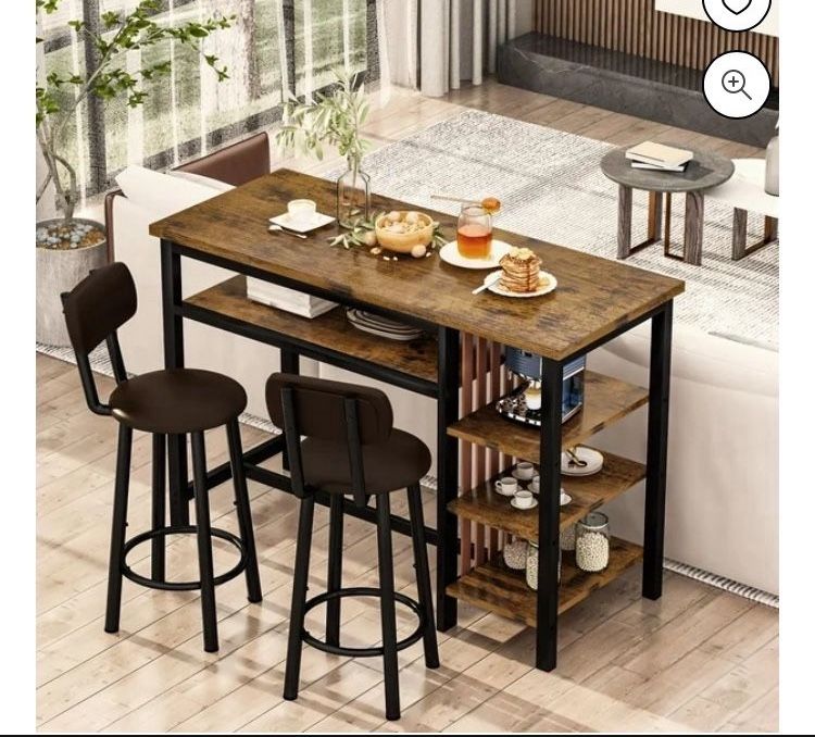 Bar Dining Table Set for 2, 3 Piece Bar Table and Chairs Set, Kitchen Counter Height Dining Table Set, Small Kitchen Bar Table with Storage, Breakfast