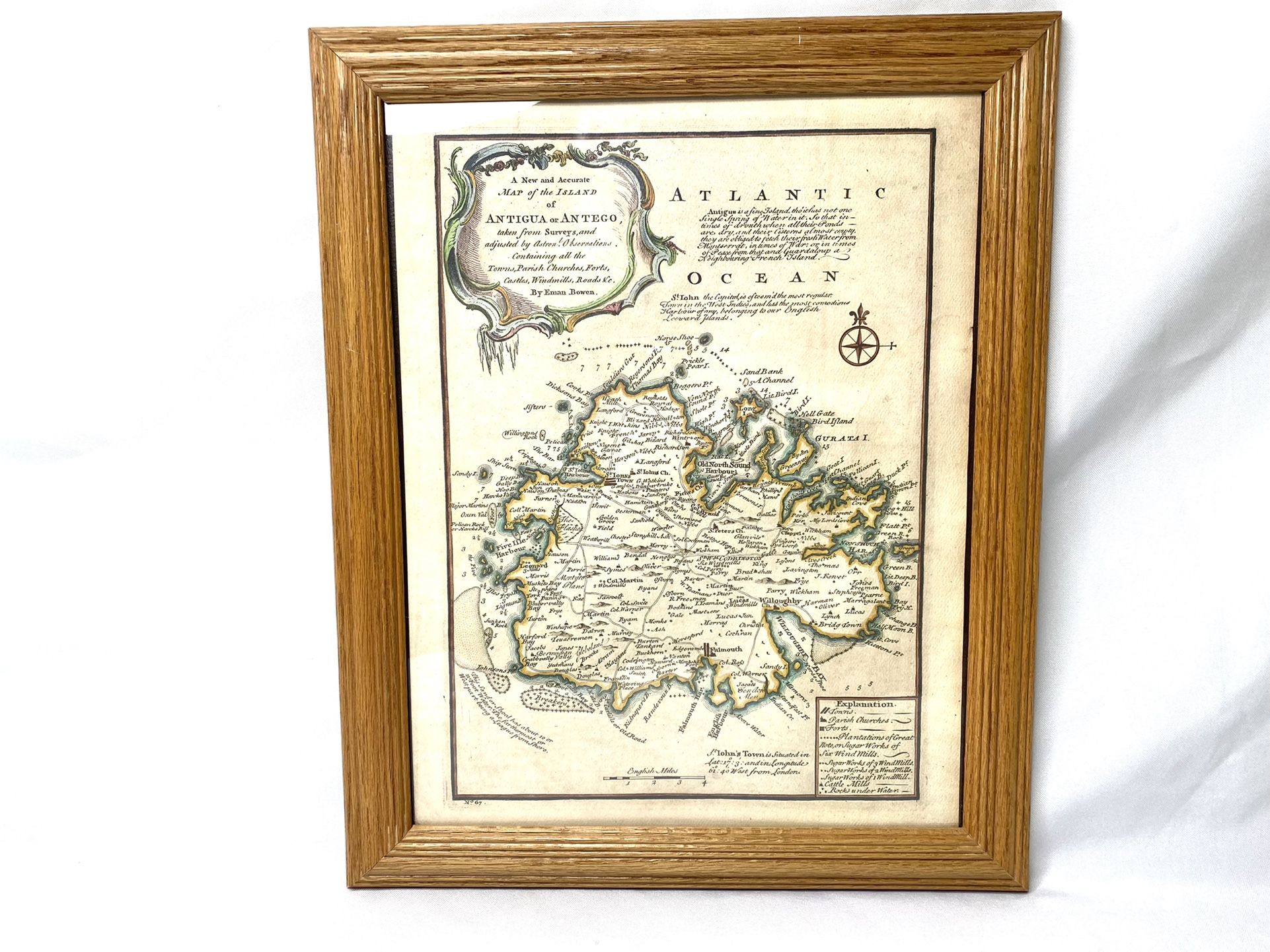 Antigua and Antego map By Eman Bowen/Vintage/Rare. An accurate map of the island of Antigua or Antego, taken from surveys, and adjusted by astronl.