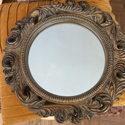 A Gold Ornate Round  Mirror Antique 
