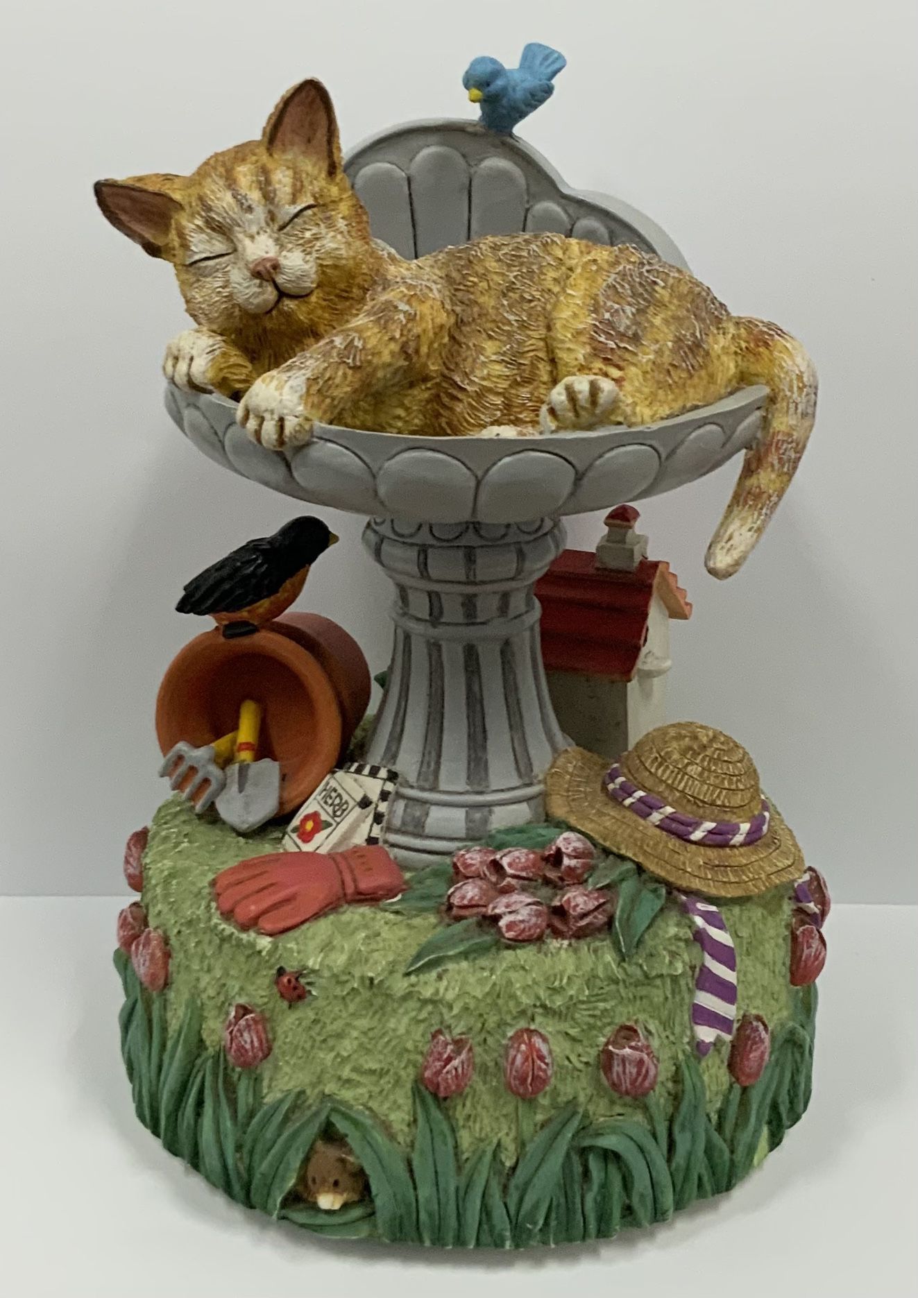 Adrienne Samuelson Cat Sitting In Bird Fountain Wind Up Music Box 1997