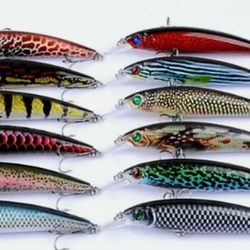 3D Painted Fishing Lures Wobbler 12pack Lot Vibrating Fishing  Lures Minnow Baits 