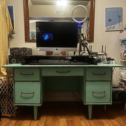 Teal Mid Century Modern Desk & Modern Black Stand Up