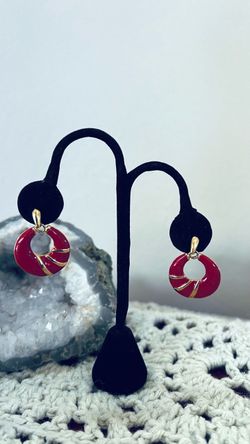 Vintage Red and Gold Enamel Hoop Drop Earrings