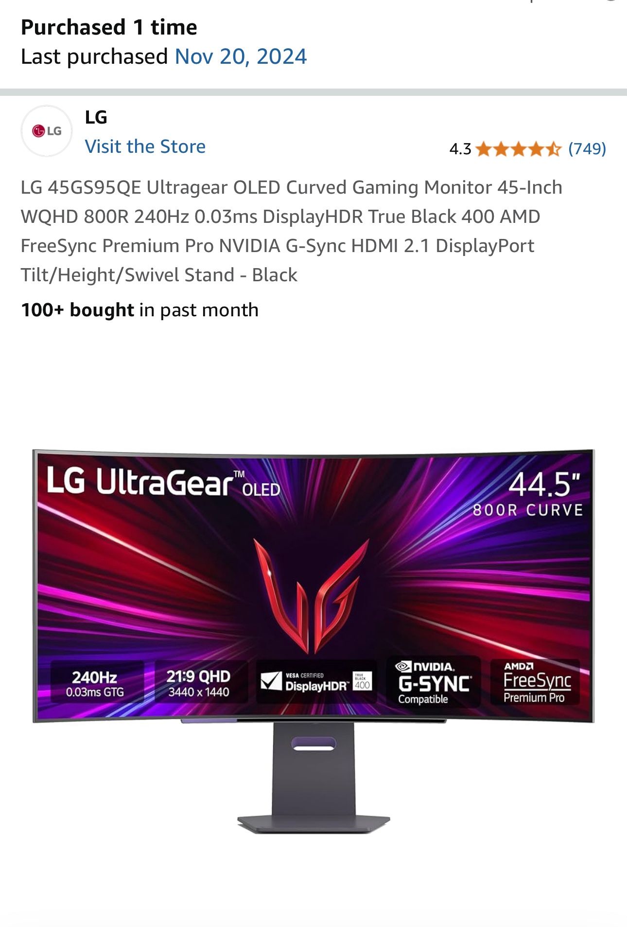 LG Ultragear OLED Curved Gaming Monitor 45-Inch