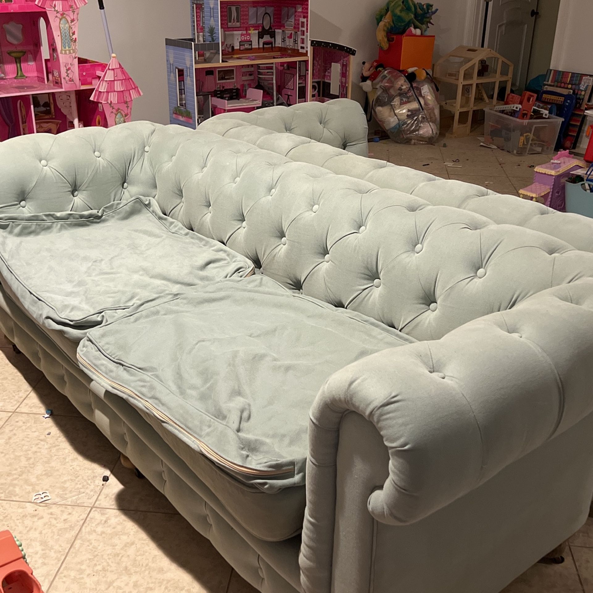 Two Restoration Hardware Kensington Spruce Couches All New Pillow Covers. Good Condition