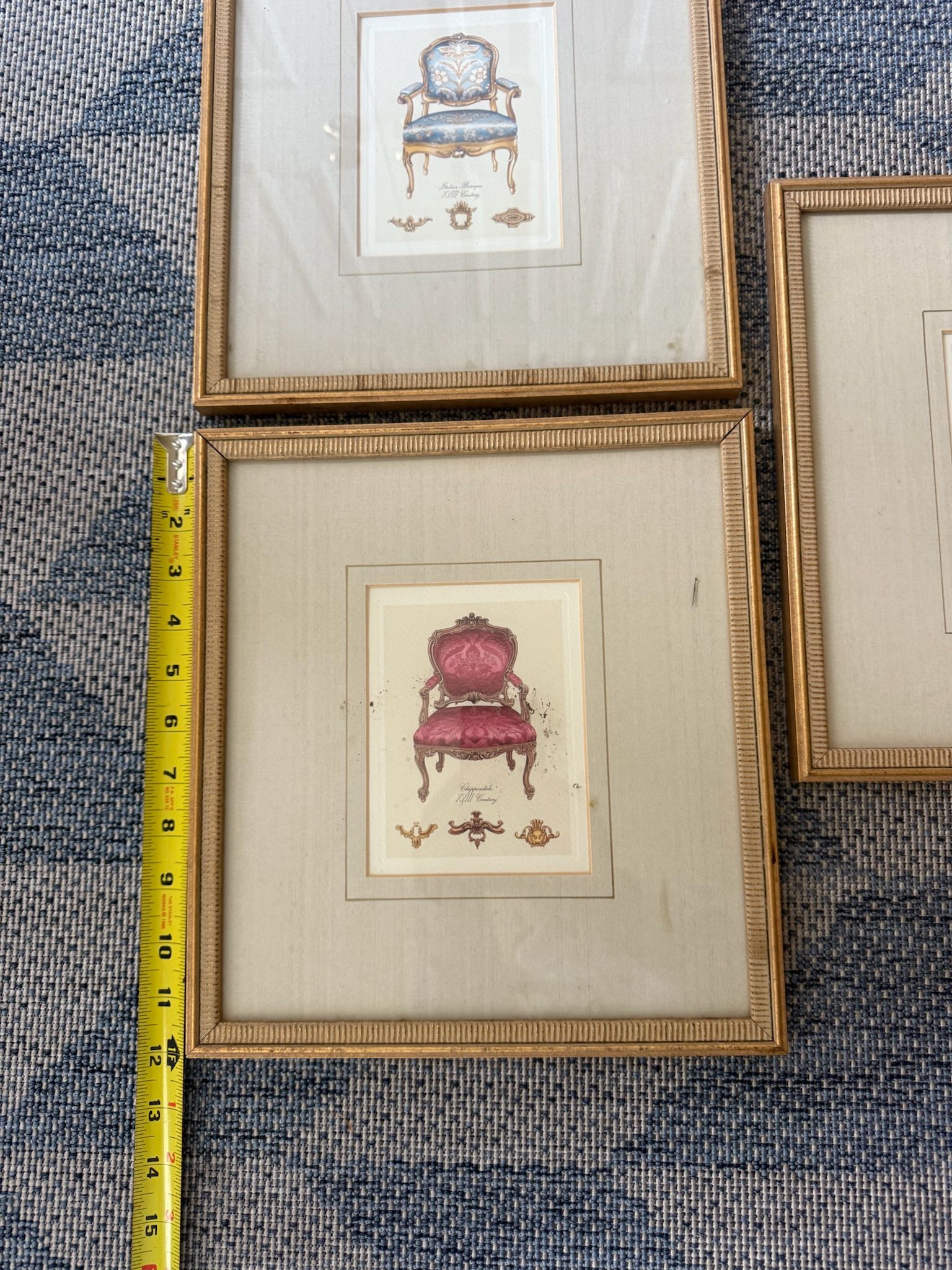 Lot of 5 vintage gold framed matted fancy arm chair pictures Italian English p/u Jamison, Pa 11”x12” frames