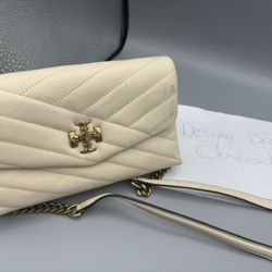 Tory Burch Chevron Kira Chain Crossbody Wallet Ivory Beige