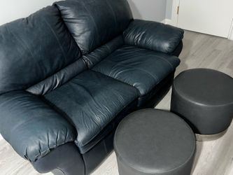 Dark Blue Faux Leather Loveseat + 2 Ottomans