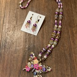 Beaded Butterfly Necklace  And Earrings 
