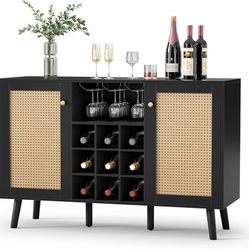 Farmhouse Coffee Bar Cabinet with Storage, 47.2" Liquor Cabinet with 2 Door, Wine and Glass Rack, Storage Shelves, Buffet Cabinet Bar Cupboard for Kit