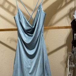Blue Knee Length Dress With Thigh Slit