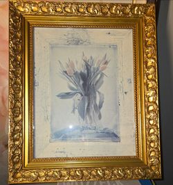 Vintage Gold Framed Art, Tulip Still Life Print, Ornate Rococo Picture Frame, Cottagecore Floral Wall Decor, Shabby Chic Pink Flowers 15x18