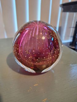 Vintage Murano Style Purple Glass Paperweight with Gold Flecks and Controlled Bubbles