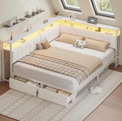 Queen Corner Bed Frame with Storage Drawers, Modern Daybed with LED Lights and Charging Station, Metal Platform Bed Frame with Velvet Upholstered Guar