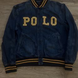POLO RALPH LAUREN Denim Letterman Spellout Baseball Varsity Jacket Size XL