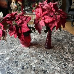 Lot of 2 Christmas Poinsettia Decorations in red glass vases