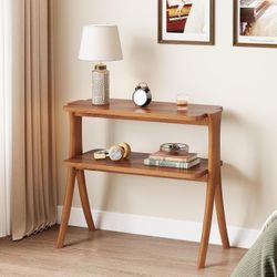 LITTLE TREE Narrow Side Table, 2-Tier Farmhouse End Table with Solid Wood Legs, Small Side Table, Space-Saver for Living Room, Bedroom, Entryway (Waln