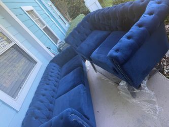 Blue Velvet Tufted Sofa Set – 2 Pieces