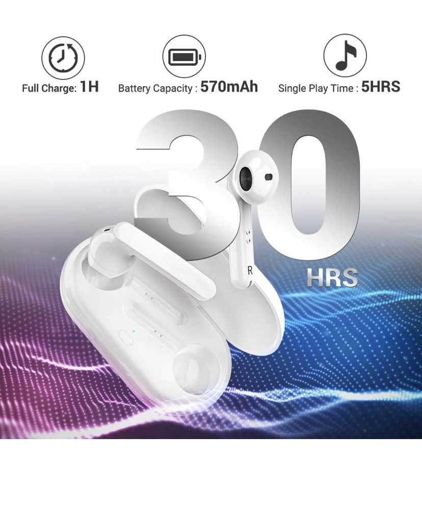 True Wireless Earbuds, HalfEars T15 Upgraded Bluetooth 5.0 Earbuds Stereo Premium Sound 30H Playtime, TWS Wireless Earbuds with Charging Case, Waterp