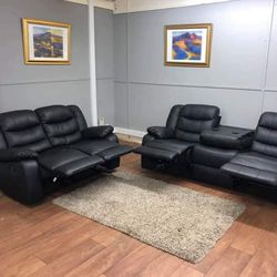 Brand New Black Leather Recliner Sofa + Loveseat with Cup Holders | Pay After Delivery 