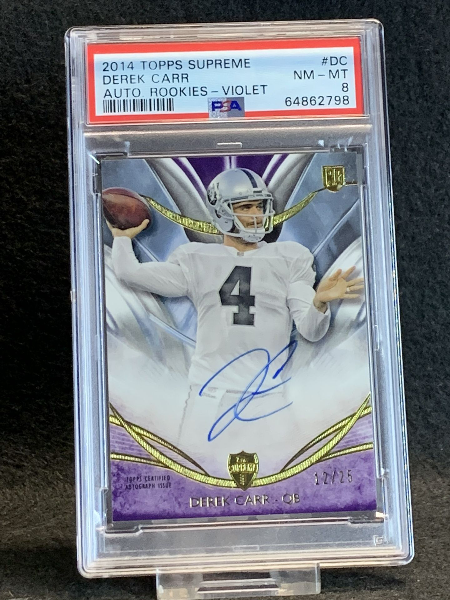 2014 Topps Supreme 🔥☠️ Derek Carr ☠️🔥 Auto Rookies - Violet /25 PSA 8 NM-MT 💎 - Las Vegas Raiders / New Orleans Saints