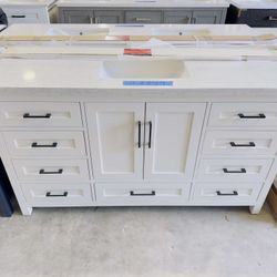 Single Sink Bathroom Vanity “60” in White Color with Black Handles and Marble Top in White  $849 