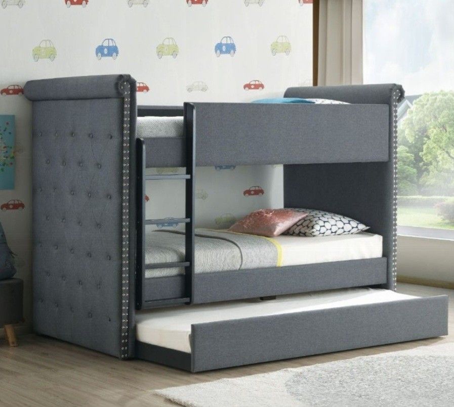 Brand New Grey Twin Size Bunk Bed w Trundle Bed