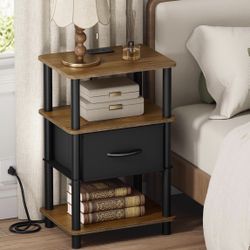 Bedroom Nightstand with Charging Station, Bedside Table with Adjustable Fabric Drawer, 3-Tier Night Table, 2-Min Installation Without Tools, Bedroom S