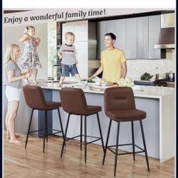 26 Inch Bar Stools Set of 3, Double-Layer Upholstered Counter Height Bar Stools for Kitchen Island, Faux Leather Barstools with Back and Footrest, Arm