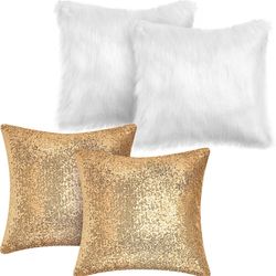4 Pcs Sequin And Fluffy Pillows Covers,gold And White