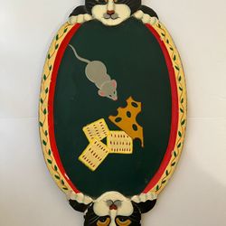 Vintage Wood Carved Cat Serving / Decorative Platw