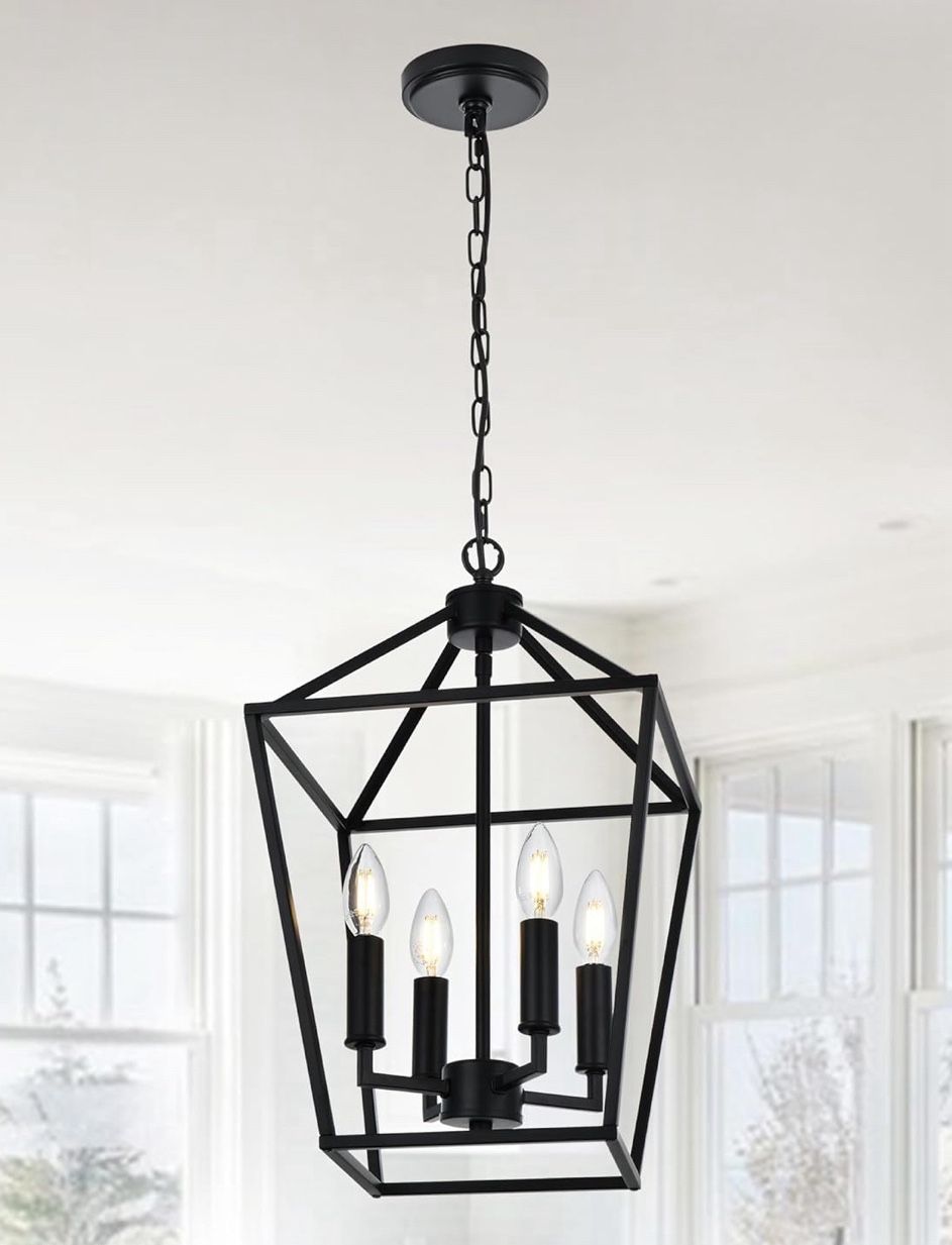 Farmhouse Chandelier 4 Lights Lantern Pendant Light in Black