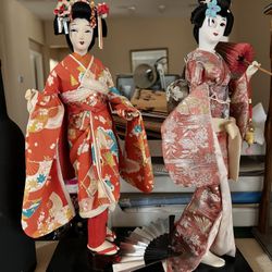 Vintage 1970’s Japanese Geisha Antique Dolls with Orange Kimonos