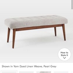 West Elm Mid-Century Bench   Color Yarn Dyed Linen Weave Pearl Gray