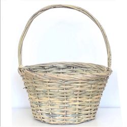 White Washed Sand Colored Wicker Straw Oval Rimmed Basket with Handle