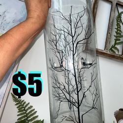 $5 Beautiful vase for flowers 💐 or candles 14" Clear Printed Branches Design Cylindrical Glass Vase