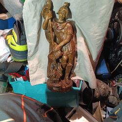 Real Wood Old Roman Fire Fighter Sculpture 