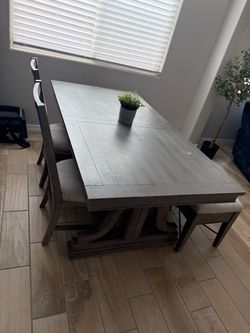 Gray Wood Dining Table with Chairs and Bench