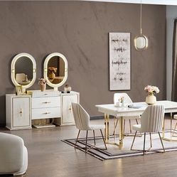 NEW WHITE /GOLD DINING SET ! TABLE ,4 CHAIRS , CONSOLE AND MIRROR ! ADDITIONAL CHAIRS WILL BE EXTRA 