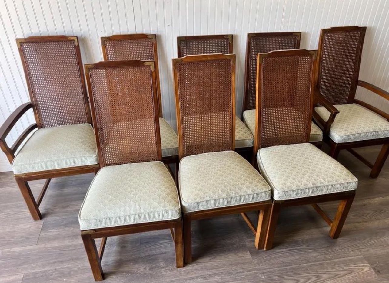 Lane Mid Century Modern Campaign Style Cane Set of 8 Dining Chairs MCM Modern Farmhouse Country Cottage