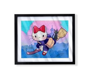 custom art of hello kitty as kiki from kiki's delivery service in black frame