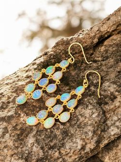 Ethiopian Opal Earrings • 2” Dangle • 925 Silver 18K Gold Plated • Handmade 