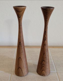 2 Mid Century Modern Danish Teak Candle Sticks