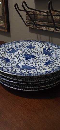 1950s Japan Blue & White "Phoenix" Design Luncheon Plate