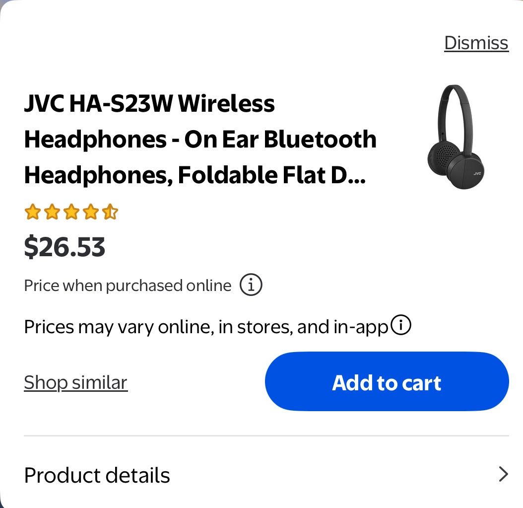 JVC HA-S23W Wireless Headphones - On Ear Bluetooth Headphones, Foldable New $10