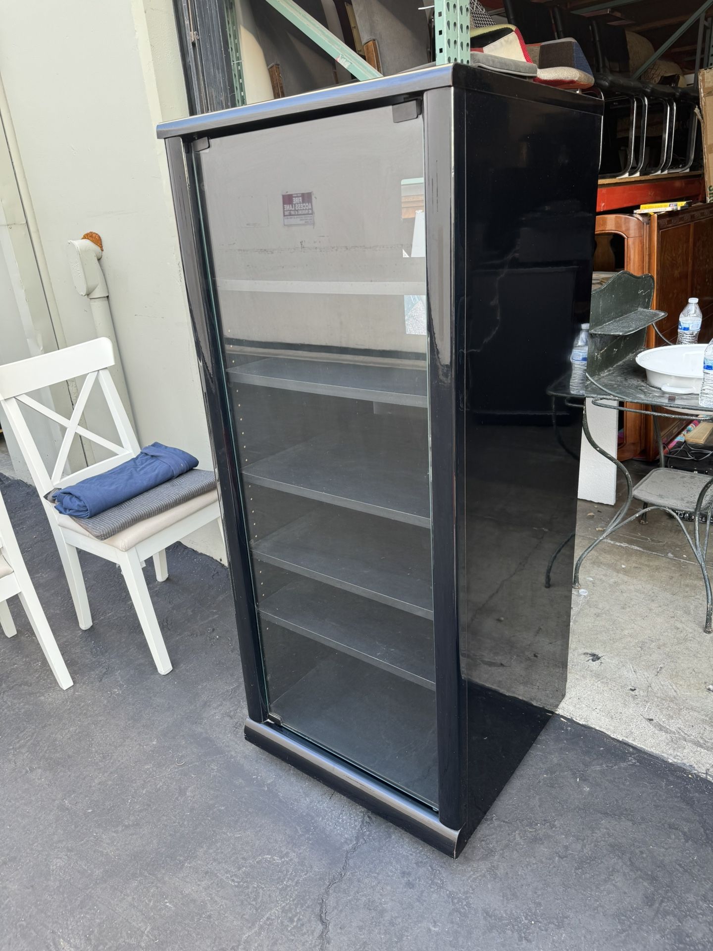 Pioneer Glossy Black Audio Rack Utility Cabinet with Glass Door and Wheels Good Condition 