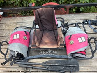 Pontoon  boat with oars , seat lots of storage pockets, ready for adventure