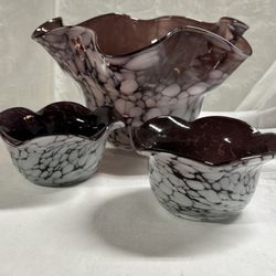 Murano Large Purple And White Splatter Glass Furled And Scalloped Edge Bowls - 1 Large And 2 Small 